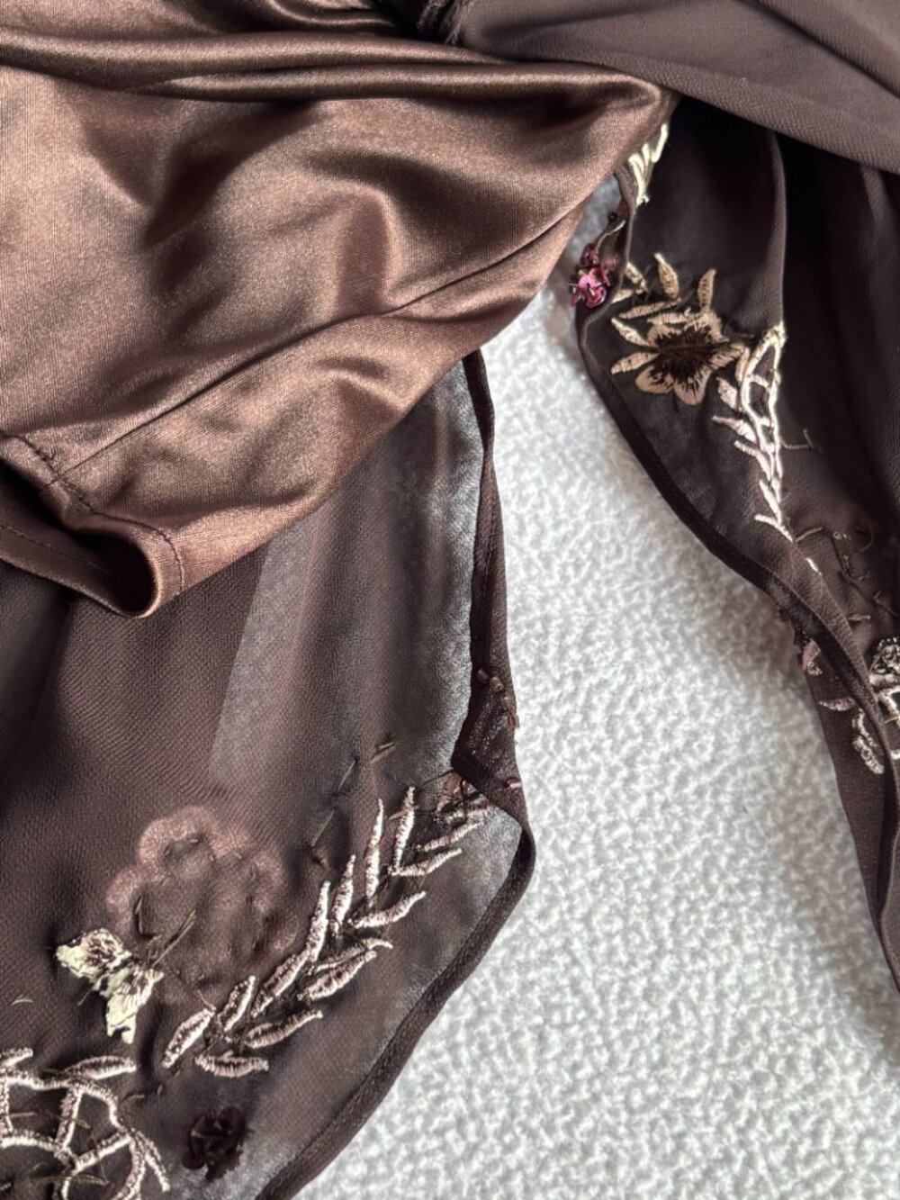 Brown Floral Embroidered 1920s-Inspired Handkerchief Hem Dress - Picture 16 of 16